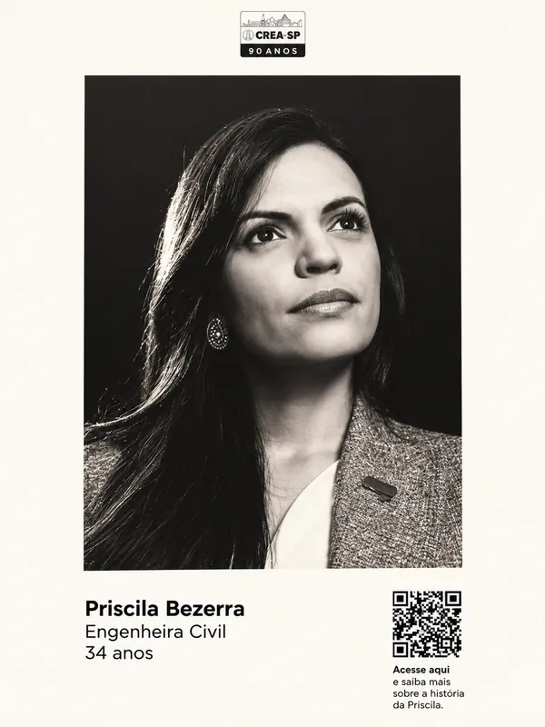 Quadro da homenagem Crea-SP 90 anos com retrato de Priscila Bezerra