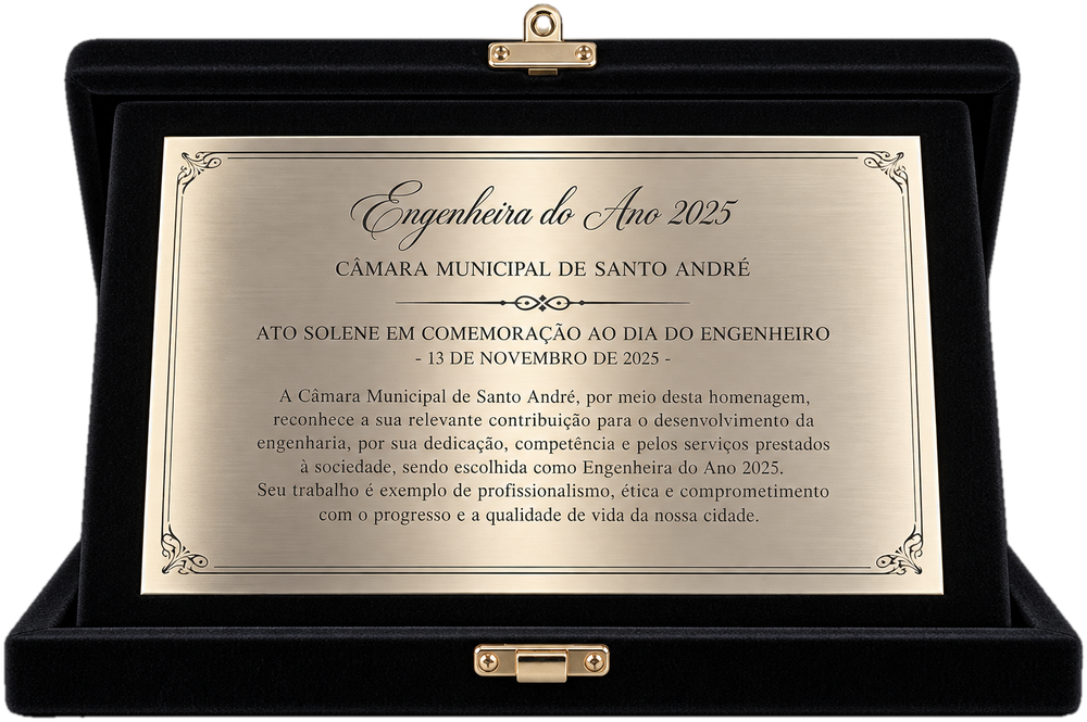 Placa de homenagem Engenheira do Ano 2025, da Câmara Municipal de Santo André